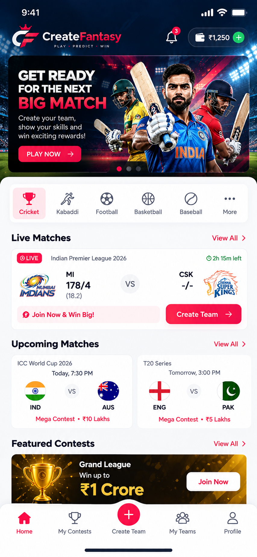 Fantasy cricket app screen